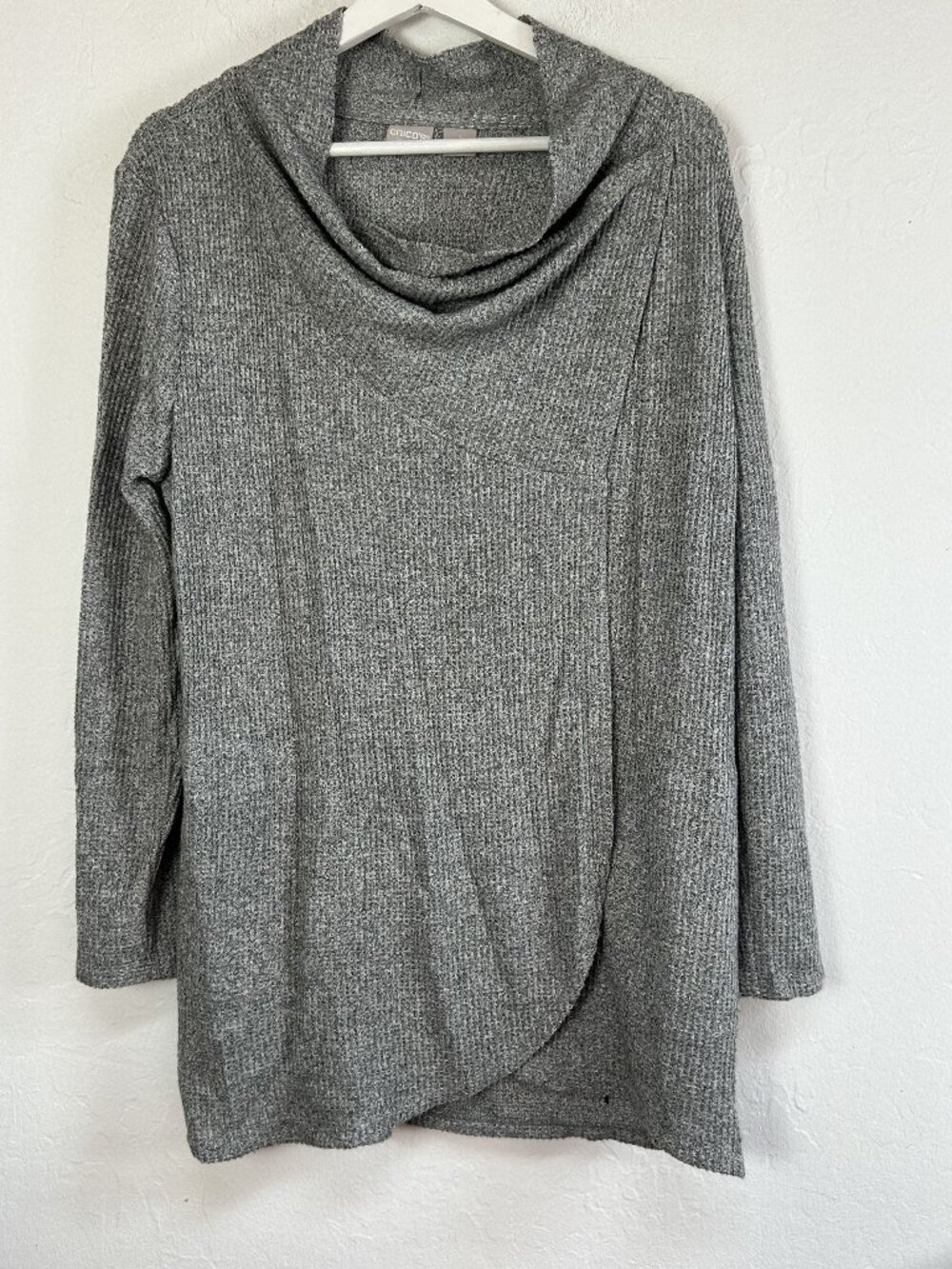 Chico's Zenergy Womens Gray Cowl Neck Tunic Sweater Sz 1 (US 8/10) Waffle Knit